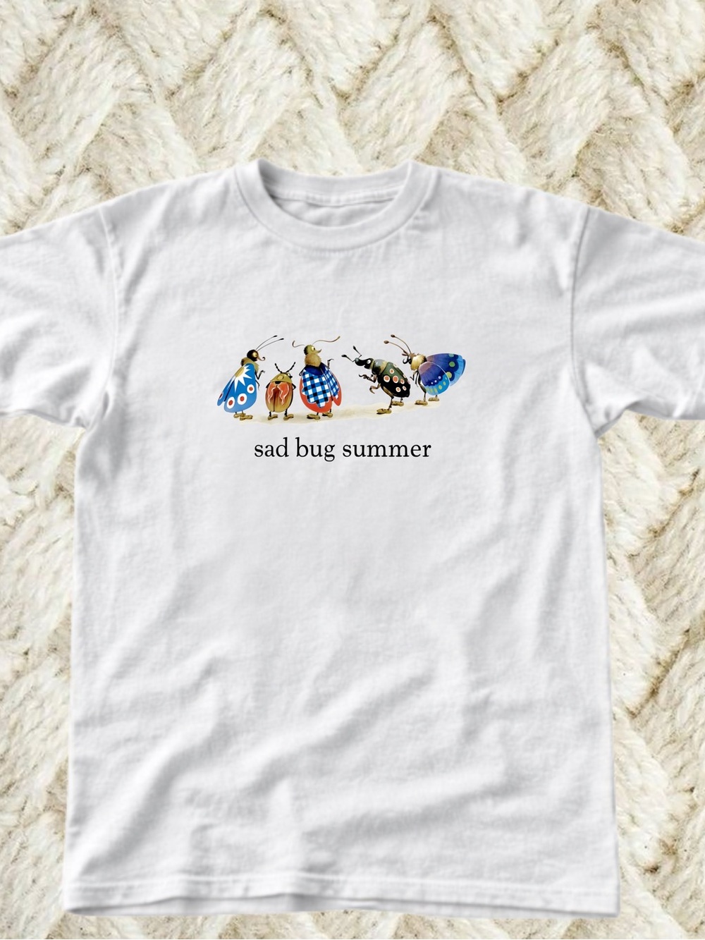 Gildan White Tee with Colorful 'Sad Bug Summer' Bug Graphic